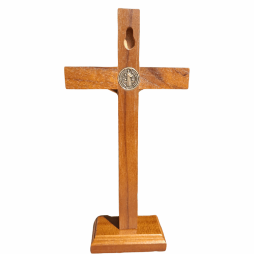 Crucifixo de Madeira com Medalha São Bento Mesa/Parede - 19cm - Ouro Velho - Imagem 4