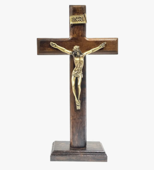 Crucifixo Madeira Trad Inri Dourado 26-cm-Parede ou Mesa