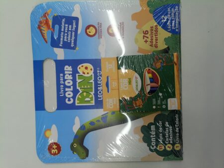 LIVRO PARA COLORIR DINO - SHRINK C/ LIVRO + CARTELA DE ADESIVOS + MINI LAPIS DE COR LEO E LEO